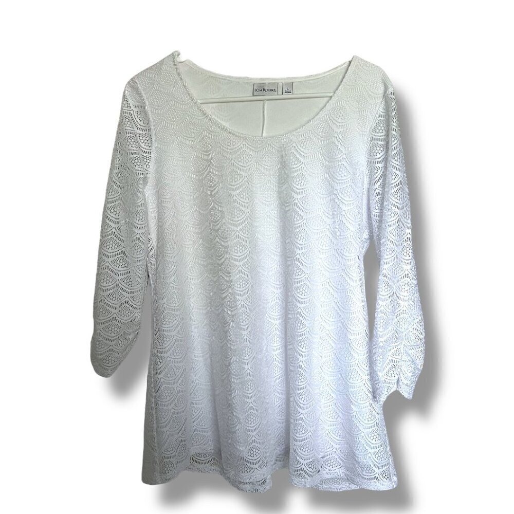 Women's White Boho Chic Lacey Detailed ¾ Sleeve Tunic Top Blouse Size Large